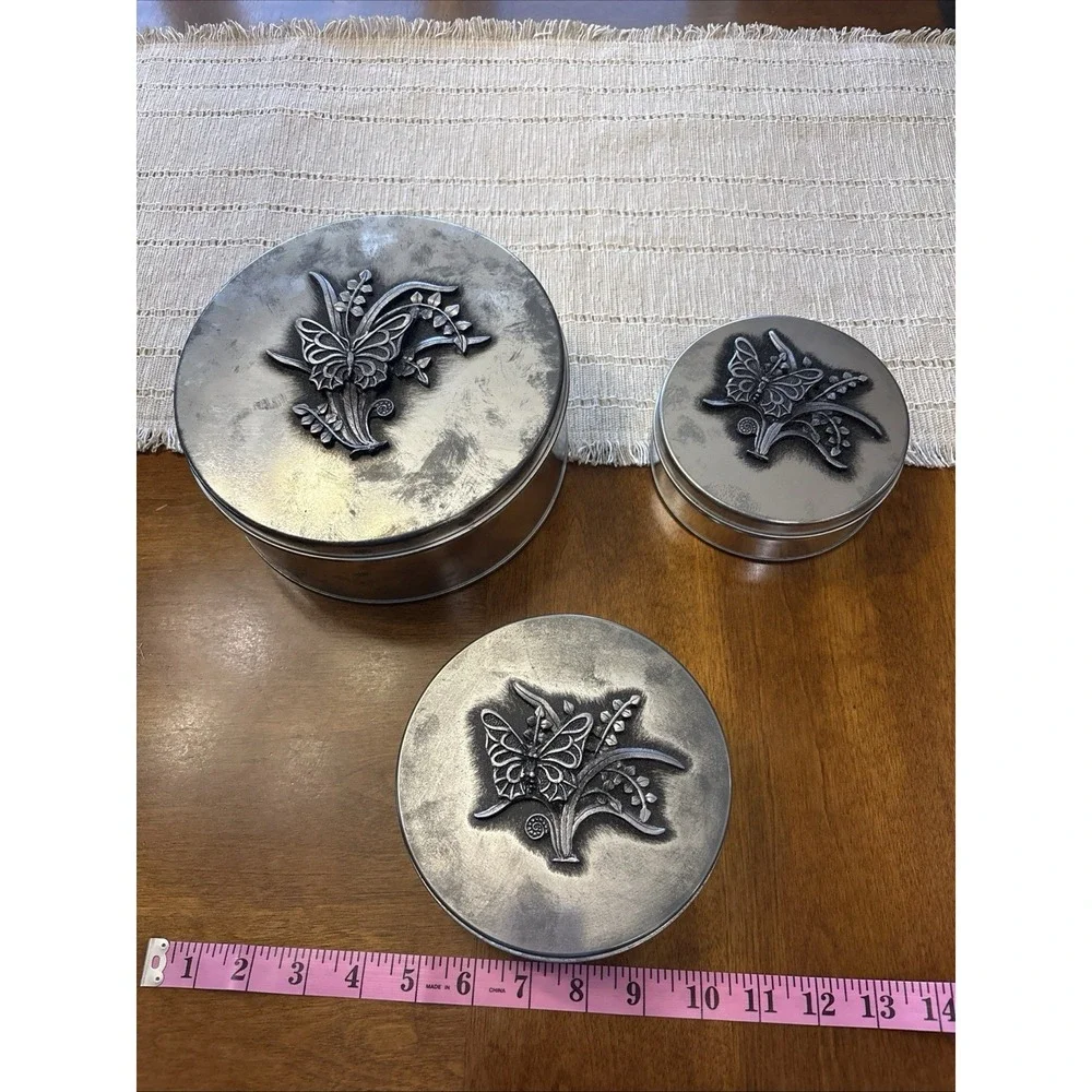 VTG Metzke‎ Nesting Butterfly Pewter Tins Set Of 3 Nature
